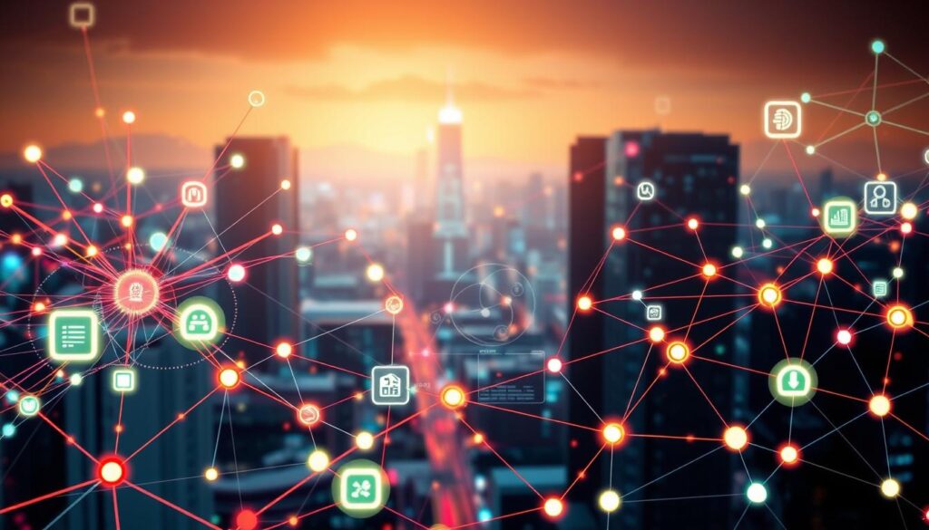 A dynamic web of interconnected automation workflows, pulsing with vivid colors and intricate connections. In the foreground, sleek icons and data visualizations showcase the seamless integration of various software tools. In the middle ground, elegant diagrams illustrate the flow of information, while in the background, a futuristic cityscape provides a backdrop, hinting at the widespread adoption of these transformative technologies. The scene is bathed in a warm, ambient light, conveying a sense of productivity and innovation. The overall composition evokes a harmonious balance between the digital and the physical, reflecting the power of automation to streamline and enhance our daily lives.