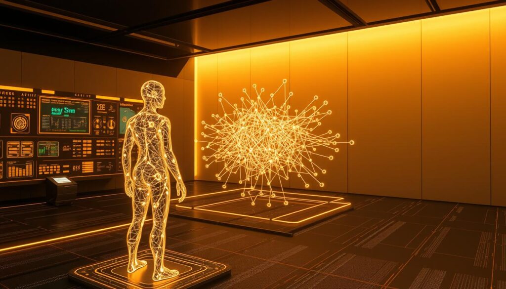 A futuristic, intricate diagram showcasing the "agent memory" concept. In the foreground, a stylized humanoid figure stands, its translucent body revealing a complex network of interconnected circuits and data streams. Surrounding the figure, a matrix of holographic displays and control panels, pulsing with a warm, amber glow. In the middle ground, a three-dimensional, wire-frame representation of a neural network, its nodes and synapses ebbing and flowing, representing the persistent memory and learning capabilities of the agent. In the background, a sleek, minimalist environment with clean lines and a soothing, monochromatic palette, conveying a sense of technological sophistication and seamless integration. Dramatic lighting casts dramatic shadows, emphasizing the depth and complexity of the scene. The overall mood is one of advanced, intelligent automation, hinting at the power and potential of persistent agent memory.