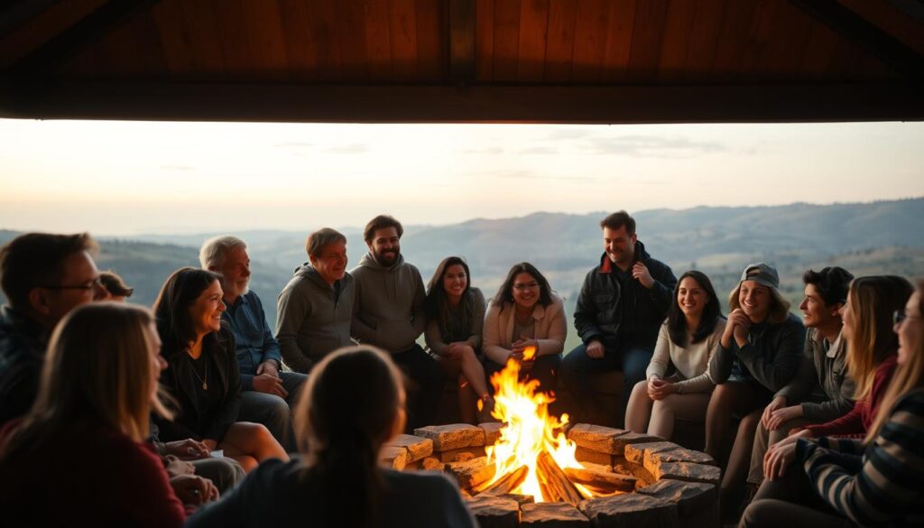 A group of people, diverse in age and background, gathered in a cozy outdoor setting. The foreground features a circle of people engaged in lively conversation, their faces animated and welcoming. In the middle ground, a communal fire pit casts a warm glow, inviting others to join. The background is a serene natural landscape, with rolling hills and a calming sky. The overall atmosphere is one of camaraderie, comfort, and a sense of belonging, as if this group has found their people and created a temporary home amidst the expansive world. Soft, diffused lighting from the fire and the setting sun lends a golden, nostalgic hue to the scene.