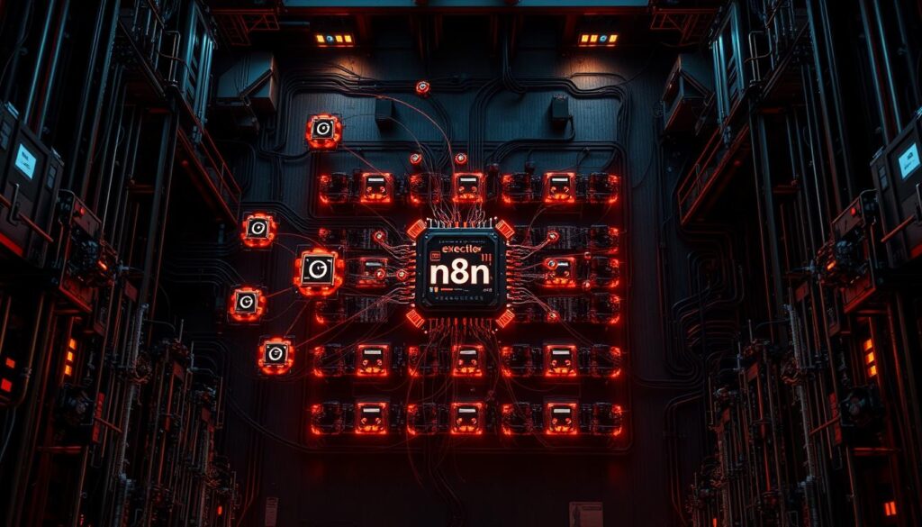 A high-contrast, cinematic overhead view of a complex n8n workflow, its intricate components and interconnections illuminated by dramatic lighting. The foreground features a central "execution" module, its inner workings pulsing with energy, surrounded by smaller connected modules representing workflow runs. The middle ground showcases a matrix of additional execution modules, their data flows converging and diverging in a mesmerizing pattern. The background depicts a moody, industrial-chic environment, with metallic surfaces and architectural elements casting long shadows, creating a sense of depth and technical sophistication.