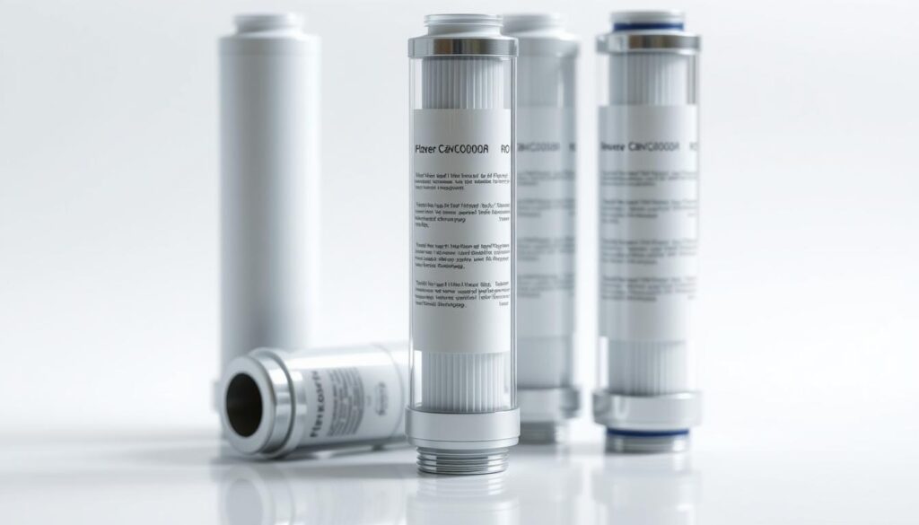 A high-quality, detailed image of a RO (reverse osmosis) water filter cartridge. Show the cartridge in the foreground, with a clean and minimalist background. Render the cartridge with a sleek, modern design, featuring a cylindrical shape, a translucent housing, and a metallic end cap. Ensure the cartridge is well-lit, highlighting its internal components and the efficient filtration mechanism. Capture the cartridge from a slightly elevated angle, creating a sense of authority and professionalism. The overall mood should be one of technical precision, reliability, and the promise of clean, healthy water.