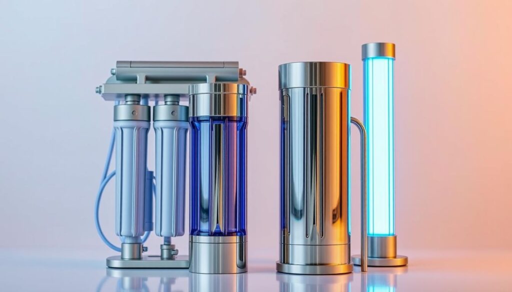 A high-quality, visually striking comparison of a reverse osmosis (RO) water purifier and a UV water purifier, showcased in a modern, minimalist style. The RO and UV units are prominently displayed in the foreground, with a soft, blurred background highlighting their key features and differences. Crisp, even lighting illuminates the purifiers' sleek, stainless steel designs, creating a sense of clarity and professionalism. The composition is balanced, with the two units positioned symmetrically to emphasize their relationship. The image conveys a sense of technological sophistication and consumer-oriented practicality, suitable for an informative article on choosing the right water purification system.