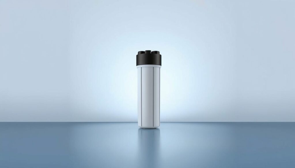 A high-resolution, photorealistic image of the APEC Water Systems FILTER-SET-ES reverse osmosis water filter cartridge set. The product is displayed in the center of the frame, lit by soft, natural-looking lighting that accentuates its sleek, modern design. The cartridges are shown against a clean, minimalist background that allows the product to be the focal point. The image captures the filter cartridges from an angle that showcases their compact size and the intricate details of their construction, conveying a sense of quality and efficiency. The overall atmosphere is one of simplicity, cleanliness, and technological sophistication, aligning with the subject of high-performance RO water filtration systems.