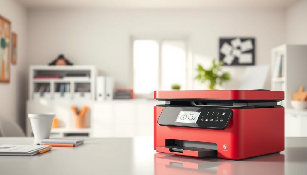 A high-speed printer in a well-lit office setting, with a crisp, modern aesthetic. The foreground features a sleek, compact all-in-one printer in vibrant colors, its display panel showing a "Pages per Minute" readout. The middle ground showcases various office supplies and documents, conveying a sense of productivity. The background has a minimalist, clean design with neutral tones, allowing the printer to be the focal point. The lighting is soft and diffused, creating an inviting, professional atmosphere. The composition emphasizes the printer's efficiency and versatility, perfectly suited for a home office environment.