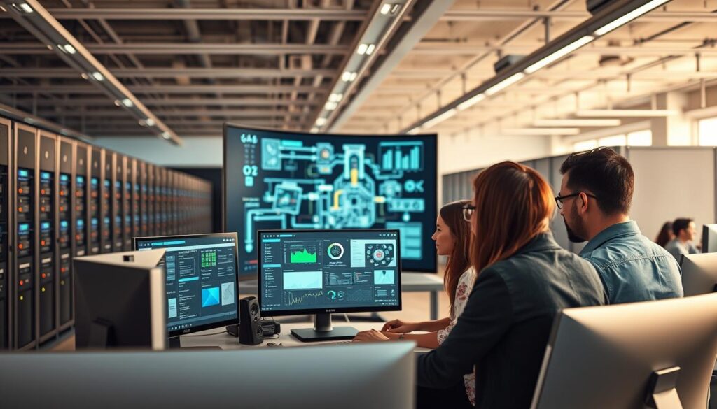 A high-tech office space with a clean, modern aesthetic. In the foreground, a team of professionals collaborating on automation workflows, their faces focused and intent as they review data dashboards and interact with various software interfaces on their sleek, minimalist desktops. The middle ground features a large, curved display screen showcasing visual representations of complex automation processes, while the background is filled with rows of server racks, blinking lights, and a sense of technological sophistication. Soft, diffused lighting casts a warm glow over the scene, conveying a sense of productivity and efficiency. The overall atmosphere is one of seamless integration, where humans and machines work in harmony to unlock the full potential of automated workflows.