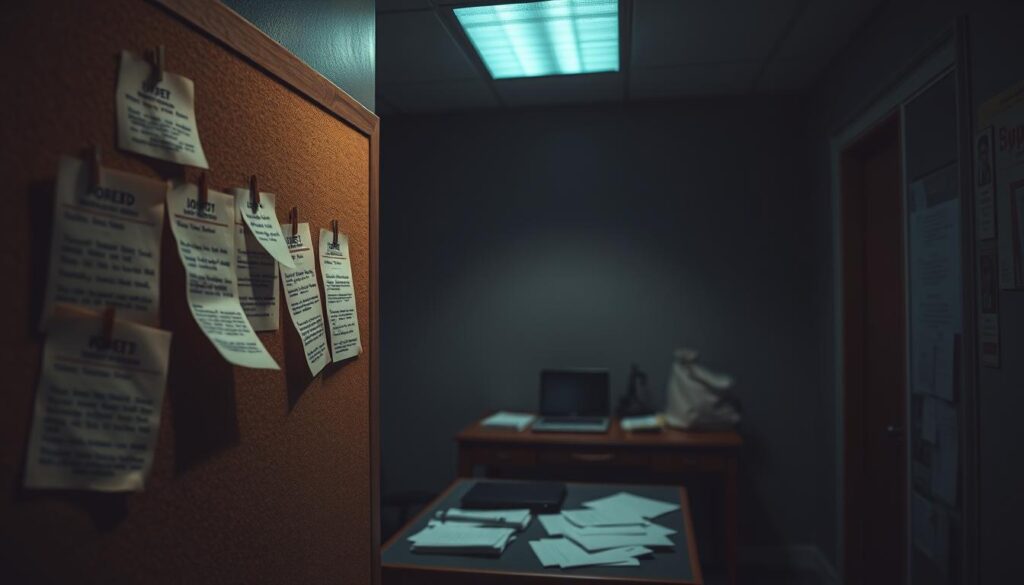 A job posting bulletin board in a dimly lit office setting, with a sense of unease and uncertainty. The foreground features a corkboard with tattered, handwritten job ads pinned haphazardly, conveying a feeling of desperation. The middle ground shows a desk with a laptop and scattered documents, suggesting a hastily assembled scam operation. The background is shrouded in shadows, creating an ominous atmosphere. The lighting is harsh, casting deep shadows and highlighting the imperfections of the scene, evoking a sense of deception and predatory behavior. The overall composition and mood suggest the rising prevalence of job scams in the current U.S. job market.