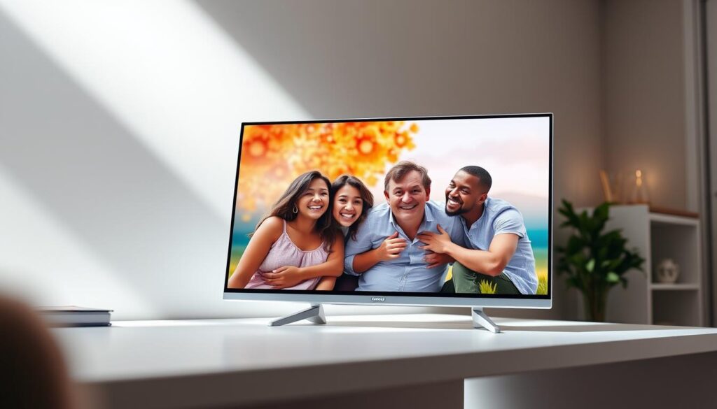 A large, modern smart display with a high-definition touchscreen, situated on a sleek, minimalist desk. The display shows a vibrant, colorful image of a family enjoying a moment together, conveying the display's capabilities for visual control and photo display. Soft, diffused lighting from above illuminates the scene, creating a warm, inviting atmosphere. The angle of the shot highlights the display's clean, elegant design and the way it seamlessly integrates into a home environment. The background is blurred, keeping the focus on the display as the central subject.