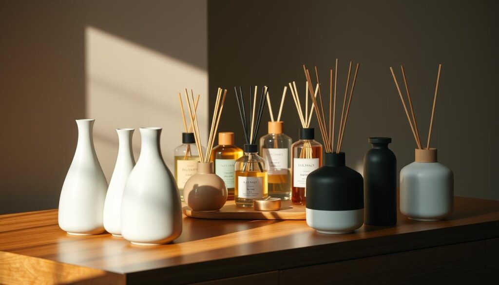 A meticulously arranged still life featuring an assortment of modern scented diffusers in a variety of shapes, sizes, and materials. Positioned on a sleek, minimalist wooden surface, the diffusers are bathed in warm, directional lighting that casts subtle shadows, highlighting their elegant forms and textures. In the foreground, several diffuser models are displayed side-by-side, inviting the viewer to closely examine and compare their distinctive designs. The middle ground showcases a diverse selection of diffuser bottles, each with its own unique label and color palette, suggesting a wide range of scent options. The background is softly blurred, keeping the focus on the diffusers and creating a sense of depth and visual interest. The overall composition conveys a sense of refined sophistication, reflecting the high-quality nature of the featured products. A meticulously arranged still life featuring an assortment of modern scented diffusers in a variety of shapes, sizes, and materials. Positioned on a sleek, minimalist wooden surface, the diffusers are bathed in warm, directional lighting that casts subtle shadows, highlighting their elegant forms and textures. In the foreground, several diffuser models are displayed side-by-side, inviting the viewer to closely examine and compare their distinctive designs. The middle ground showcases a diverse selection of diffuser bottles, each with its own unique label and color palette, suggesting a wide range of scent options. The background is softly blurred, keeping the focus on the diffusers and creating a sense of depth and visual interest. The overall composition conveys a sense of refined sophistication, reflecting the high-quality nature of the featured products.