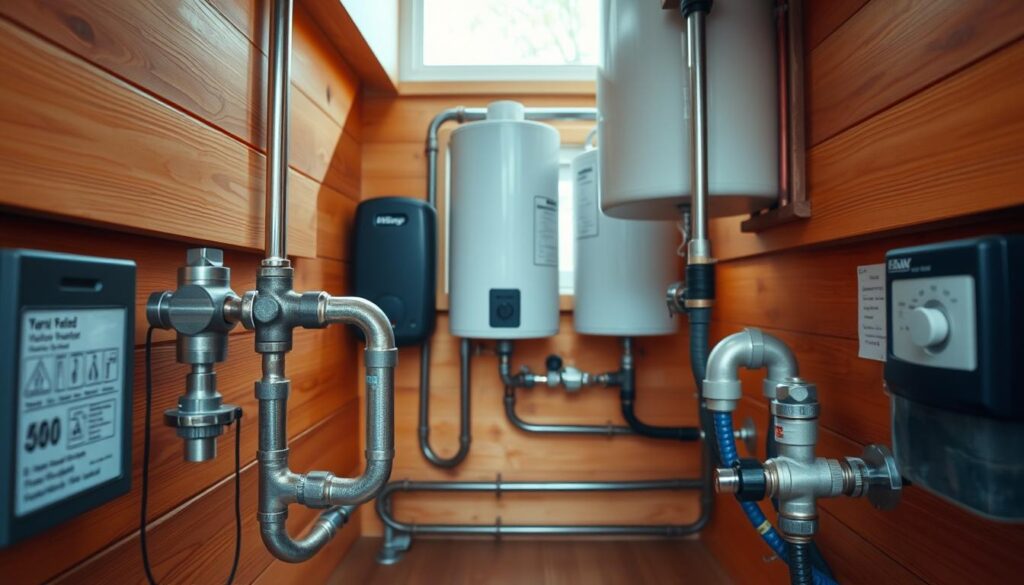A meticulously designed compact plumbing system for a tiny house, showcased in a warm, well-lit interior. In the foreground, a detailed view of the water pipes, valves, and fittings, expertly integrated into the limited space. The middle ground reveals the tankless water heater and distribution manifold, while the background suggests the overall layout of the tiny home's water infrastructure. The scene conveys a sense of functionality, efficiency, and attention to detail, capturing the essential elements of water management in a smaller living space.