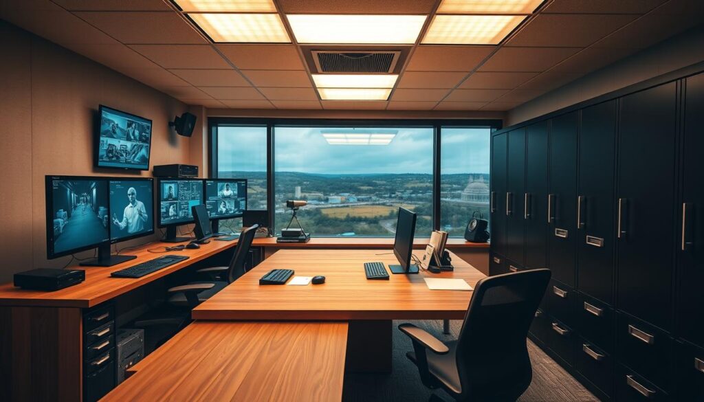 A meticulously designed security office, bathed in warm, fluorescent lighting. The foreground features a sturdy, oak desk with a state-of-the-art computer setup, security monitors displaying live camera feeds, and an array of control panels. In the middle ground, sleek, black filing cabinets line the walls, housing sensitive documents and records. The background showcases a panoramic window, offering a clear view of the surrounding landscape, ensuring comprehensive surveillance. The room exudes a sense of professionalism and vigilance, with a subtle, industrial aesthetic that conveys the importance of security and safety. A meticulously designed security office, bathed in warm, fluorescent lighting. The foreground features a sturdy, oak desk with a state-of-the-art computer setup, security monitors displaying live camera feeds, and an array of control panels. In the middle ground, sleek, black filing cabinets line the walls, housing sensitive documents and records. The background showcases a panoramic window, offering a clear view of the surrounding landscape, ensuring comprehensive surveillance. The room exudes a sense of professionalism and vigilance, with a subtle, industrial aesthetic that conveys the importance of security and safety.
