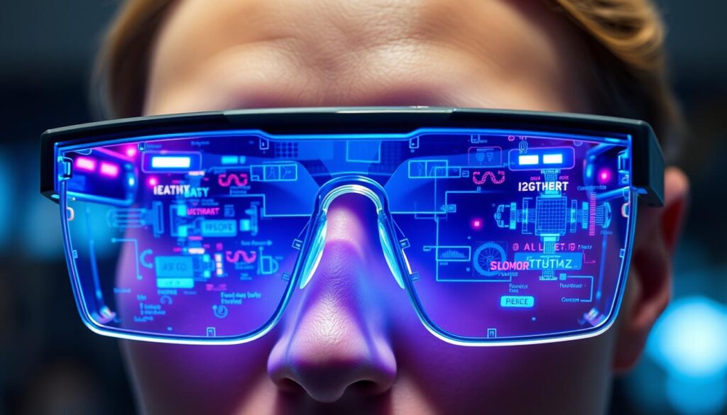 A meticulously engineered Meta Glasses display, its advanced holographic lenses projecting a vivid, high-resolution digital interface onto the user's field of vision. The display's crisp, vibrant colors and exceptional depth perception create an immersive augmented reality experience, seamlessly blending the virtual and physical worlds. Delicate neural control mechanisms precisely track the user's eye movements and gestures, enabling intuitive, responsive interaction with the digital elements. Intricate internal components, including specialized light projectors and sensors, work in harmony to deliver this cutting-edge display technology. The entire assembly is elegantly encased in a sleek, lightweight frame, designed for comfort and style.