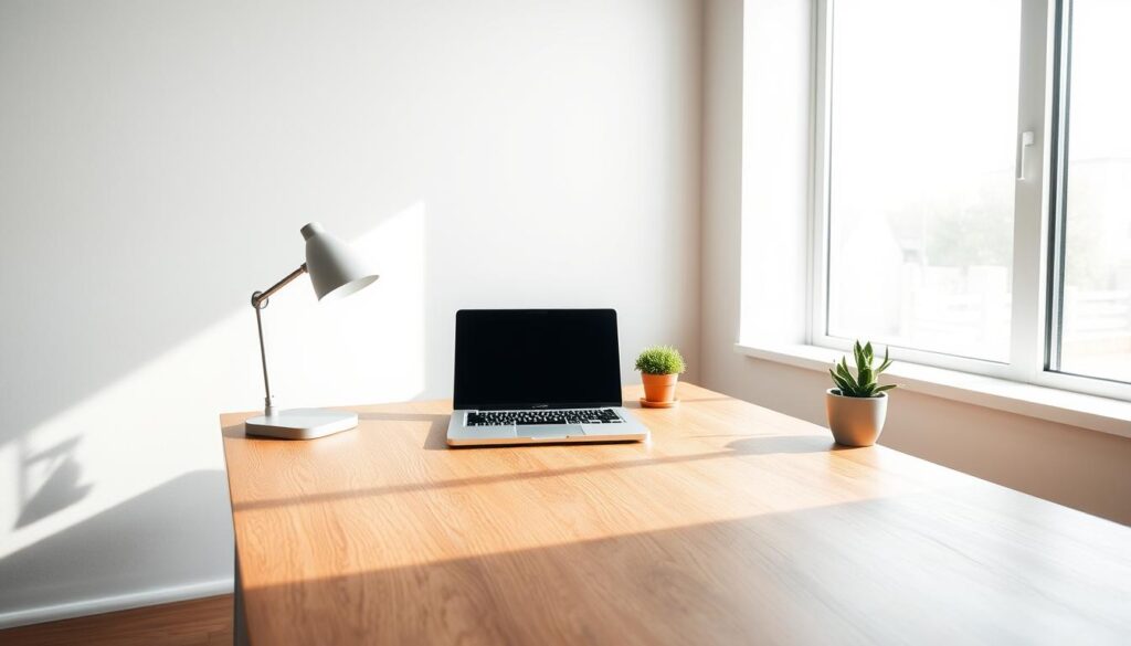 A minimalist desk setup, illuminated by soft, natural lighting filtering through a large window. The wooden desktop is clean and uncluttered, save for a sleek laptop, a simple desk lamp, and a small potted plant. The background is a serene, neutral-toned wall, creating a calming, zen-like atmosphere. The camera angle is slightly elevated, capturing the desk from an oblique perspective, emphasizing the efficient use of space and the harmonious, streamlined design. The overall mood is one of focus, productivity, and a sense of order amidst simplicity.