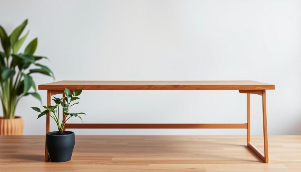 A minimalist desk setup with a clean, modern aesthetic. A sleek, wooden desktop with a subtle grain texture rests on a minimalist metal frame in a warm, muted tone. In the foreground, a single potted plant adds a natural, organic touch. Soft, diffused lighting illuminates the scene, creating a serene and balanced atmosphere. The background features a plain, neutral-colored wall, allowing the desk to be the focal point. The overall composition emphasizes simplicity, functionality, and a harmonious color palette, reflecting the principles of minimalist design.