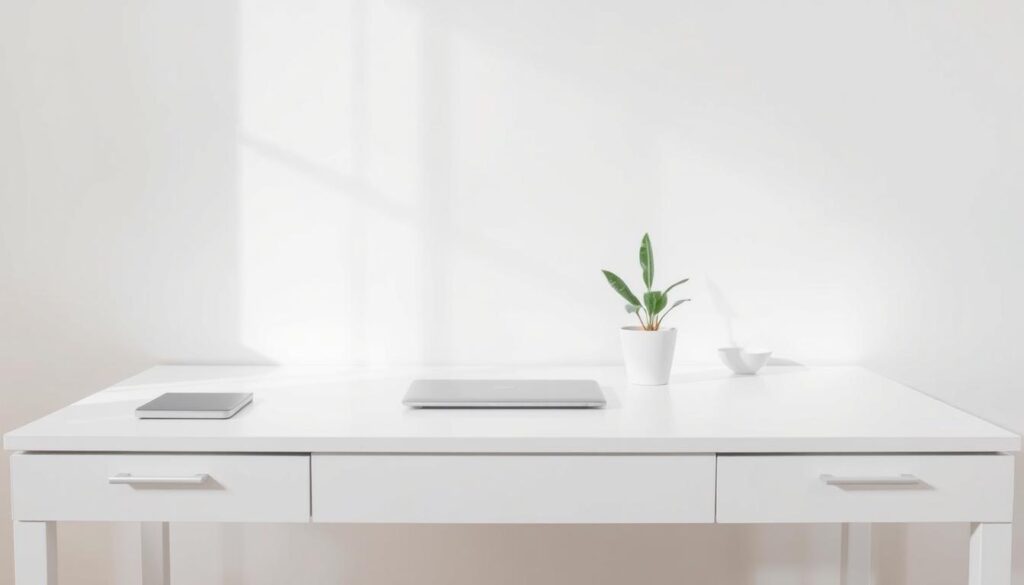 A minimalist desk setup with a clean, sleek design. A plain white desktop surface with a single potted plant and a slim, silver laptop resting on it. The background is a soft, neutral color, providing a calming and uncluttered ambiance. Gentle, diffused natural lighting illuminates the scene, creating a serene and focused atmosphere. The entire composition emphasizes simplicity, functionality, and a sense of order, reflecting the benefits of a minimalist approach to workspace design.