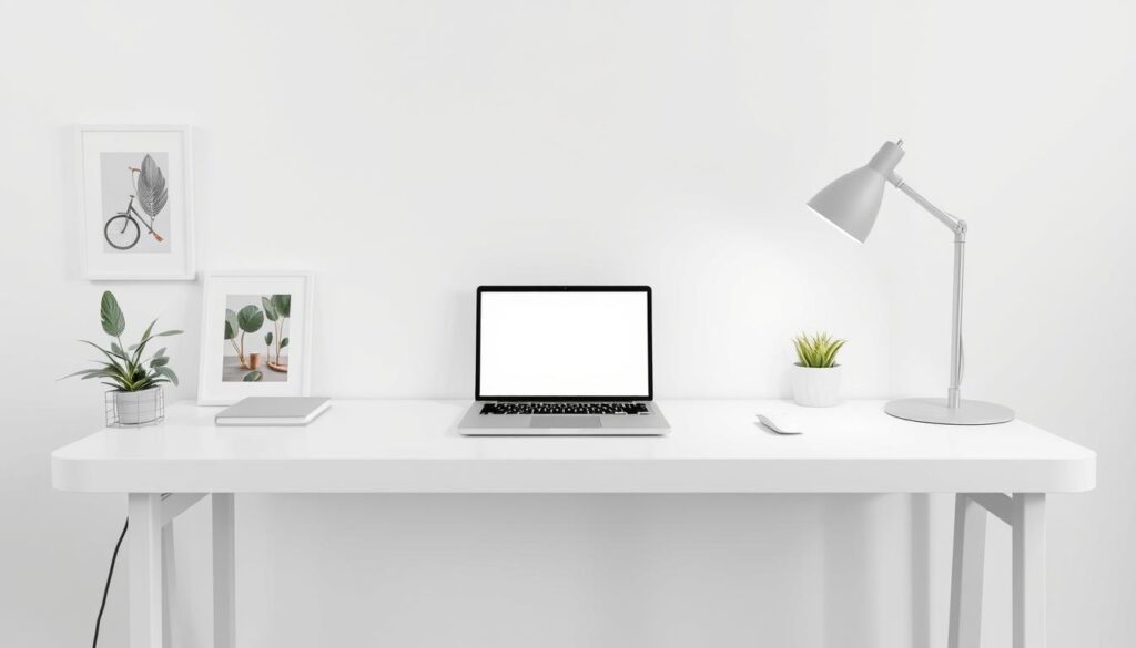 A minimalist desk setup with a sleek, clean aesthetic. A solid white desktop surface with minimal clutter, featuring a slim laptop, a wireless mouse, and a minimalist lamp. The lighting is soft and diffused, creating a calm and focused atmosphere. The desk is situated against a plain white wall, with a few framed art prints or plants adding subtle pops of color. The cable management is seamless, with all wires and cords hidden neatly behind the desk or routed through cable trays, resulting in a truly uncluttered and visually appealing workspace.