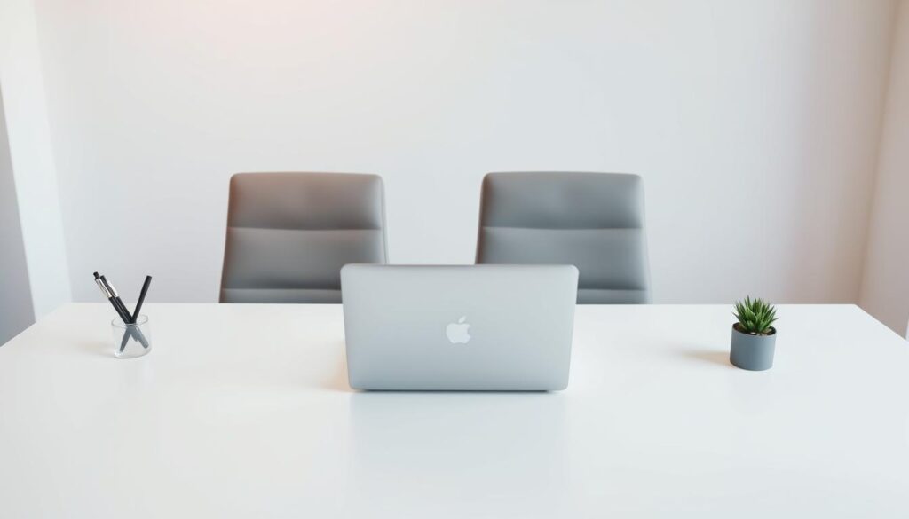A minimalist desk setup with a sleek, uncluttered workspace. A crisp white desk with clean lines, holding a laptop, a simple pen holder, and a small succulent plant. In the middle ground, a pair of modern, muted gray office chairs positioned neatly. The background features a large, floor-to-ceiling window, letting in soft, diffused natural light that casts a warm, serene glow over the scene. The overall atmosphere is calm, focused, and organized, perfect for a daily and weekly maintenance routine.