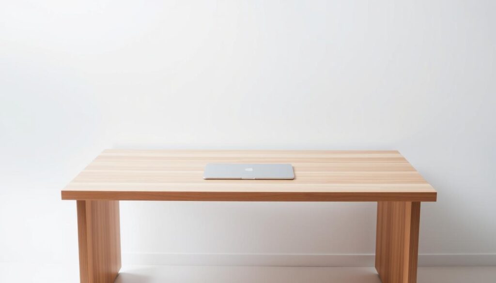 A minimalist desk with a sleek, modern design, set against a clean, minimalist background. The desk is made of natural wood or a light-colored material, with clean lines and a simple, uncluttered surface. The lighting is soft and diffused, creating a calming and focused atmosphere. The camera angle is slightly elevated, capturing the desk from an overhead perspective to showcase its clean, streamlined aesthetics. The image conveys a sense of serenity and organization, reflecting the essence of a minimalist desk setup.