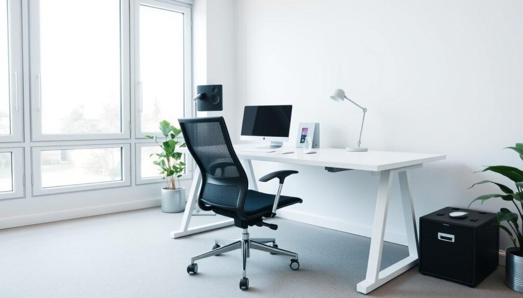 A minimalist, ergonomic desk setup with a sleek white desktop, a clutter-free workspace, and modern black office chair. The desk is positioned in a well-lit, airy room with large windows, allowing natural light to flood the space. A single potted plant and a simple desk lamp add subtle pops of greenery and warmth. The camera angle captures the desk from a slightly elevated perspective, showcasing the clean, uncluttered aesthetic. The overall mood is one of focused productivity and calm efficiency, reflecting the "Ergonomic Optimization for Your Minimalist Workspace" theme.