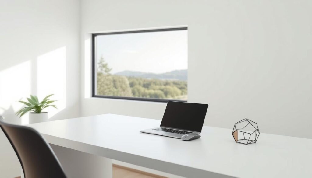 A minimalist workspace with a clean, modern aesthetic. In the foreground, a sleek, minimalist desk with a plain white surface. On the desk, essential items like a slim laptop, a compact wireless mouse, and a simple geometric desk organizer. The middle ground features a large, unframed window overlooking a serene, natural landscape, allowing ample natural light to flood the space. The background is a plain, neutral-toned wall, creating a calming, uncluttered ambiance. The scene is illuminated by soft, diffused lighting, enhancing the tranquil, distraction-free atmosphere. The overall composition emphasizes simplicity, functionality, and a sense of focus and productivity.