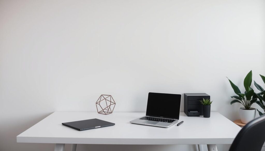 A minimalist workspace with a clean, uncluttered desk against a neutral background. On the desk, there is a simple laptop, a geometric desk organizer, and a single potted plant. The lighting is soft and indirect, creating a calm, focused atmosphere. The camera angle is slightly elevated, providing a birds-eye view of the workspace essentials. The overall aesthetic is sleek, modern, and conducive to productivity.