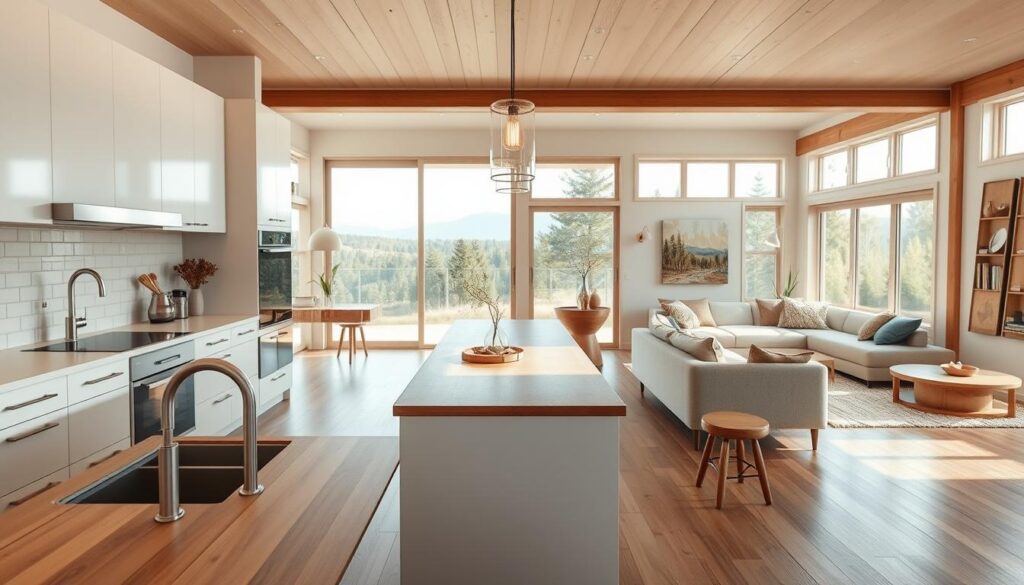 A modern and functional off-grid home interior design. A bright, airy kitchen with sleek white cabinets, brushed metal fixtures, and a large central island with a wooden countertop. Minimal yet stylish pendant lights hang overhead, casting a warm glow. In the background, a spacious living area with a plush sectional sofa and large windows overlooking a scenic nature view. The decor features natural textures and earthy tones, creating a tranquil, comfortable atmosphere. Subtle smart home technology seamlessly integrated throughout, offering convenience and energy efficiency. Precise, high-quality photographic rendering with a depth of field that emphasizes the foreground design elements.