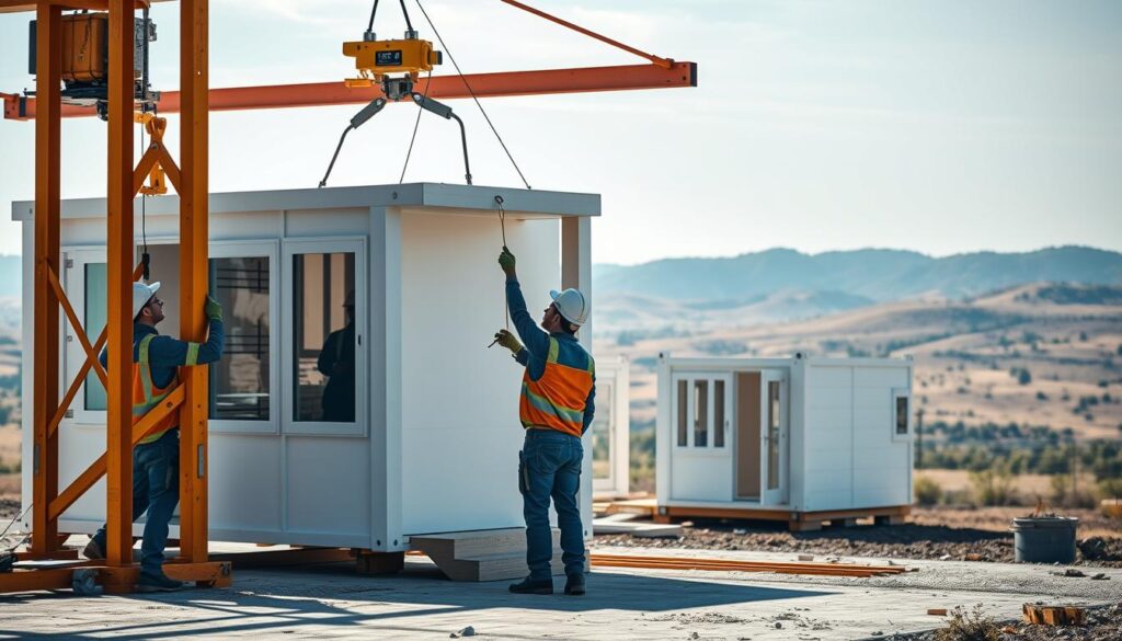 A modern construction site with a focus on the installation process of a prefabricated home. In the foreground, workers carefully maneuver a modular unit into place using a crane, their expressions conveying the precision and attention required. In the middle ground, a partially assembled structure stands, its modular components neatly interlocked. The background features a sprawling landscape with rolling hills, hinting at the variety of locations where these portable homes can be installed. The lighting is natural, with soft shadows and highlights that emphasize the texture of the materials. The overall atmosphere is one of efficiency, practicality, and the seamless integration of modern construction techniques.