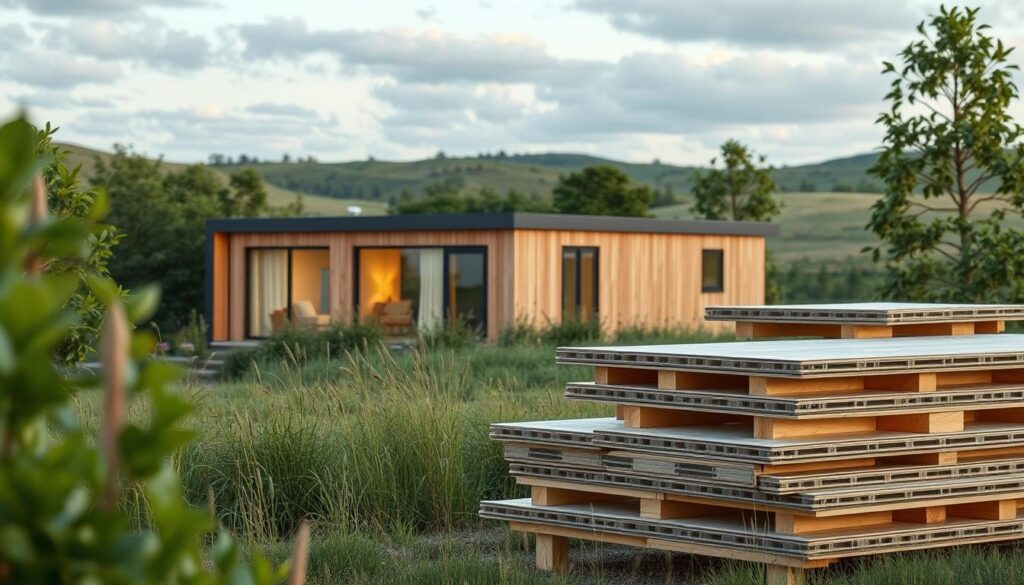 A modern, eco-friendly modular home nestled amidst lush greenery, showcasing its sleek, minimalist design and cost-effective construction. The mid-ground features a well-appointed exterior with clean lines, large windows, and a harmonious blend of natural materials like wood and glass. In the foreground, a detailed view of the modular panels and their seamless assembly, highlighting the efficient, budget-friendly nature of this sustainable living solution. The background depicts a tranquil, pastoral setting with rolling hills and a cloudless sky, creating a serene and inviting atmosphere. Soft, natural lighting illuminates the scene, emphasizing the home's integration with its natural surroundings.