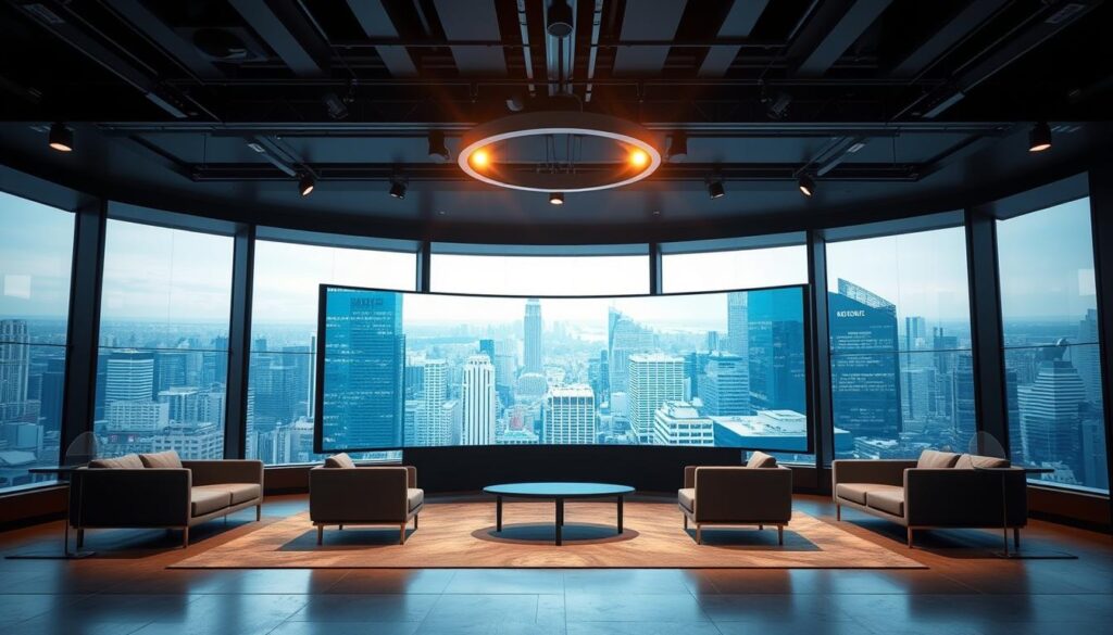 A modern, high-tech ideation hub featuring a large, curved digital display dominating the foreground. Sleek, minimalist furniture surrounds the display, creating an intimate collaborative space. Overhead, a dramatic lighting rig casts a warm, focused glow, accentuating the technological vibe. In the background, a panoramic window offers a stunning view of a bustling cityscape, blending the digital and physical realms. The overall mood is one of cutting-edge innovation, seamlessly integrating the latest collaboration tools to inspire creative thinking and problem-solving.