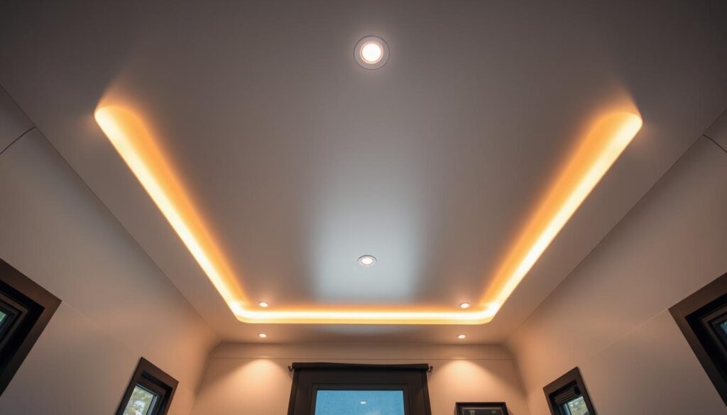 A modern, minimalist ceiling in a modular MADI Home, illuminated by warm, recessed lighting that casts a soft, ambient glow across the room. The clean, geometric lines of the ceiling seamlessly blend with the sleek, contemporary walls, creating a harmonious, serene atmosphere. The ceiling is constructed with high-quality, durable materials that are weather-resistant and easy to maintain, making it an ideal choice for a portable, rapid-deploy home designed for camping and travel. The overall aesthetic evokes a sense of comfort, functionality, and a connection to the great outdoors.