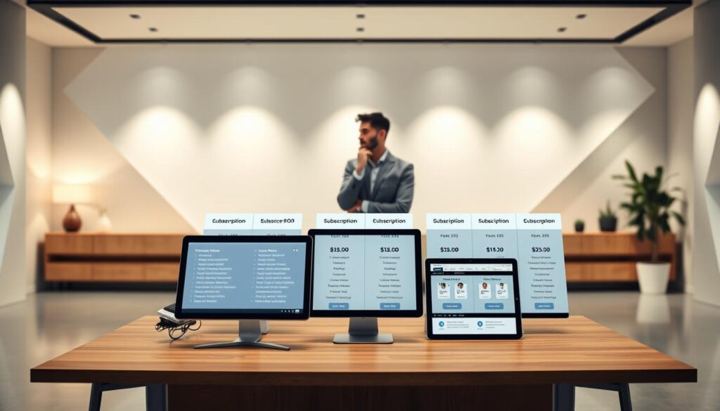 A modern, minimalist office setting with a large desk displaying various pricing plans and subscription options for a cloud-based software service. In the foreground, a sleek desktop computer and a tablet showcase detailed pricing information. The middle ground features a person in casual business attire, thoughtfully considering the options. The background is filled with clean, geometric shapes and subtle lighting, creating a professional and sophisticated atmosphere. The overall composition conveys a sense of careful consideration and informed decision-making regarding the pricing and plans for the cloud-based software.