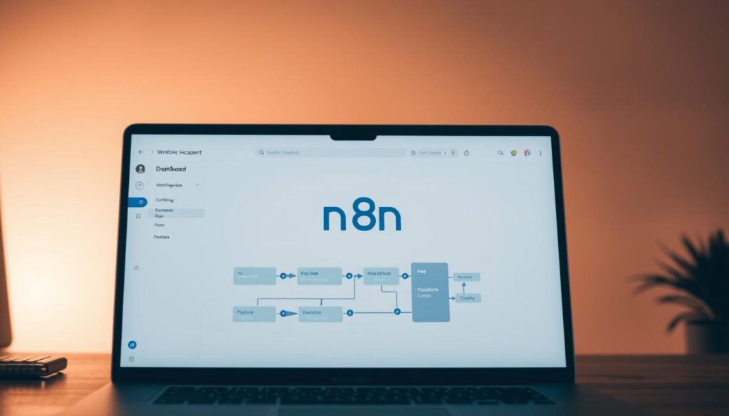 A modern, minimalist setup of the n8n workflow creation interface. The foreground features a laptop displaying the n8n dashboard, with various workflow blocks and connections arranged in a clean, organized manner. The middle ground showcases a stylized n8n logo, subtly integrated into the scene. The background has a soft, blurred gradient in neutral tones, creating a sense of depth and focus on the workflow setup. The lighting is warm and subtle, evoking a professional, efficient atmosphere. The camera angle is slightly elevated, offering a clear, unobstructed view of the workflow creation process. A modern, minimalist setup of the n8n workflow creation interface. The foreground features a laptop displaying the n8n dashboard, with various workflow blocks and connections arranged in a clean, organized manner. The middle ground showcases a stylized n8n logo, subtly integrated into the scene. The background has a soft, blurred gradient in neutral tones, creating a sense of depth and focus on the workflow setup. The lighting is warm and subtle, evoking a professional, efficient atmosphere. The camera angle is slightly elevated, offering a clear, unobstructed view of the workflow creation process.