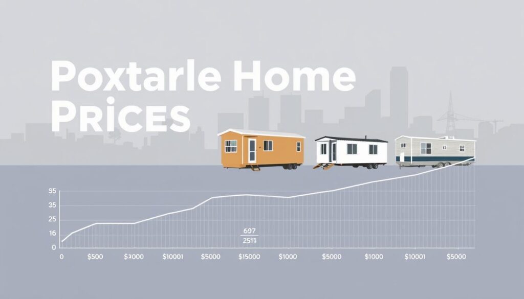 A modern, minimalist snapshot of portable home prices in the United States. A sleek, contemporary design with clean lines and a neutral color palette. The foreground features a visually striking graph or chart displaying the latest average prices for various portable home models and configurations, presented in a clear and informative manner. The middle ground showcases a few representative portable home units in different styles, sizes, and price points, arranged in a harmonious layout. The background depicts a stylized urban or suburban landscape, conveying a sense of the typical settings where portable homes are situated. The overall mood is one of sharp, data-driven precision balanced with an aesthetic appeal, reflecting the practical yet design-focused nature of the portable home market.