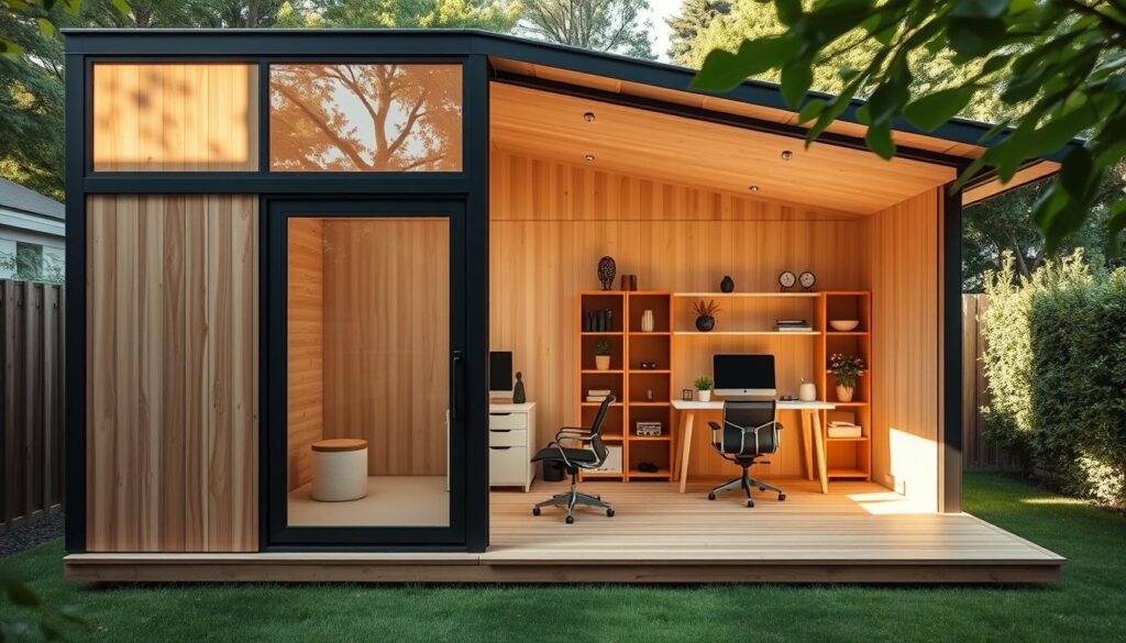 A modern, minimalist studio shed with clean lines and large windows, bathed in warm, natural light. The exterior features a sleek, wooden facade with a contrasting black trim, complemented by a minimalist entryway. Inside, the shed is outfitted with contemporary, ergonomic furniture, including a desk, chair, and shelving units, creating a harmonious and productive workspace. The shed is situated in a lush, green backyard, with a serene and tranquil atmosphere, perfect for focused, distraction-free work. A wide-angle lens captures the shed's elegant proportions and the integration of the indoor and outdoor spaces.