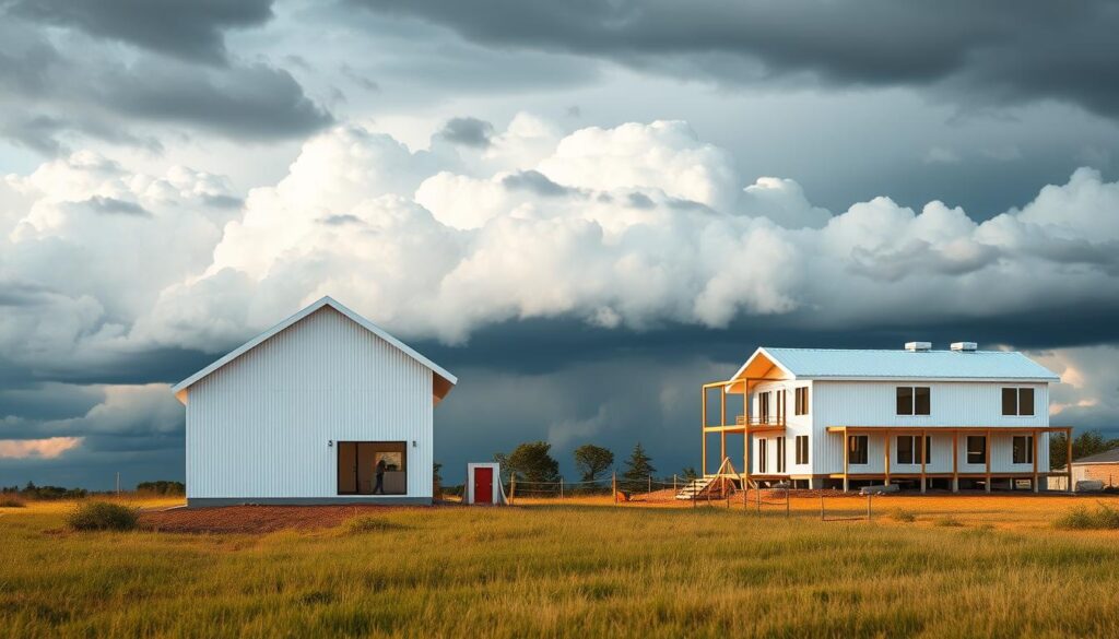 A modern, minimalist timeline displaying the advantages of modular homes, with a clean, bright aesthetic. In the foreground, a sleek, modular home rises rapidly, contrasting against a background of looming storm clouds. The middle ground features a traditional home construction site, workers struggling against the elements. In the background, the modular home is already completed, showcasing its resilience to weather delays. Warm, natural lighting illuminates the scene, highlighting the efficiency and speed of modular construction. The overall composition conveys the streamlined, eco-friendly benefits of modular living compared to traditional homebuilding.