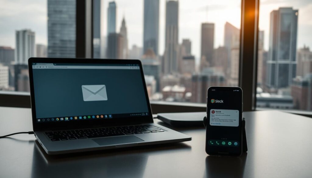 A modern office setting with a large window overlooking a bustling city skyline. On the desk, a laptop displays the Gmail interface, with a notification icon flashing. Next to the laptop, a smartphone screen shows the Slack app, ready to receive the notification. Soft, directional lighting illuminates the scene, casting gentle shadows across the work surface. The atmosphere is one of efficiency and productivity, with a touch of technological elegance.