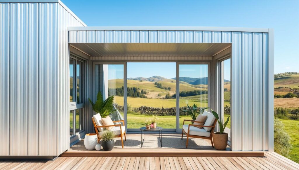 A modern, sleek aluminum composite wall design with a clean, minimalist aesthetic. The wall panels have a metallic sheen, reflecting the natural light filtering in through large windows. The middle ground features a minimalist outdoor patio setup, with weatherproof furniture and potted plants, creating a cozy, relaxing ambiance. In the background, the design is complemented by rolling hills and a clear blue sky, evoking a serene, pastoral setting. The overall composition conveys a sense of simplicity, durability, and harmony with the natural environment - qualities that would make this an ideal wall design for a portable home meant for camping and travel.