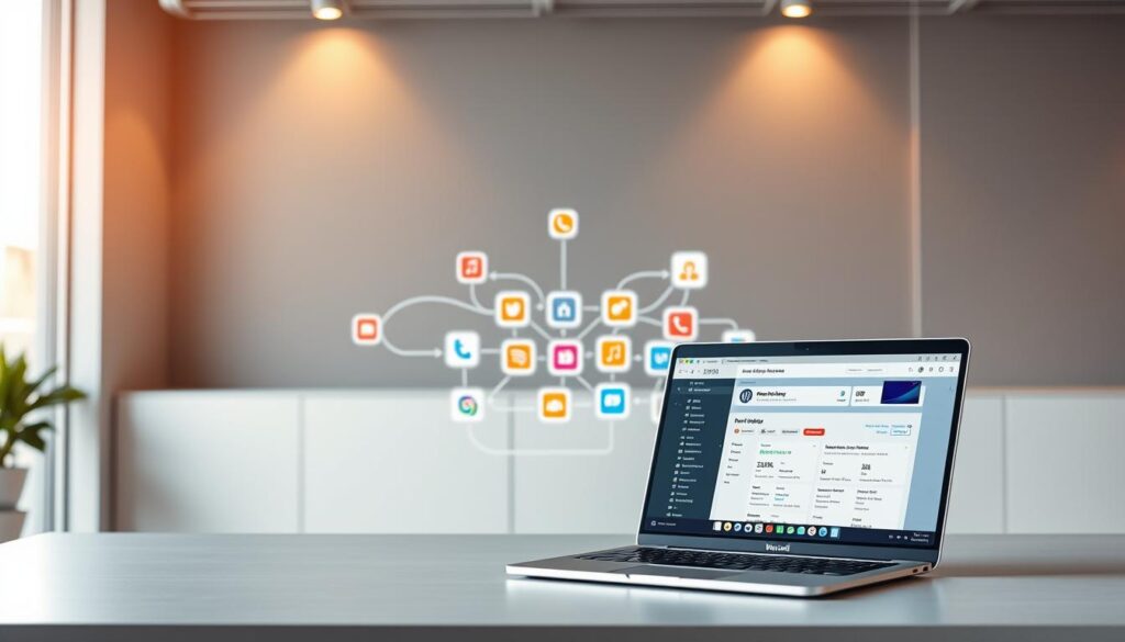 A modern, sleek workspace showcasing the seamless integration of WordPress and n8n for powerful workflow automation. In the foreground, a laptop displays a WordPress dashboard, while in the middle ground, various connected applications and services are represented by vibrant icons. The background features a clean, minimalist aesthetic with subtle grid lines, suggesting the scalability and flexibility of the automated system. Warm, directional lighting casts a sense of productivity and innovation, highlighting the efficiency and convenience of this comprehensive automation solution.