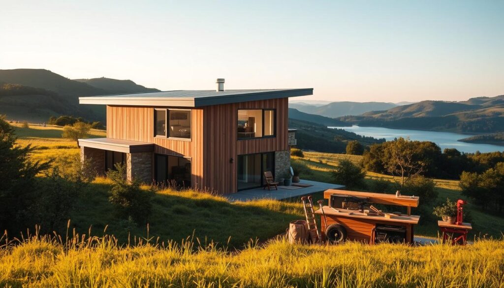 A modern, two-story prefab house nestled in a lush, verdant landscape. The clean, minimalist exterior features large windows, a sleek roofline, and a mixture of natural materials like wood and stone. In the foreground, a DIY workshop area showcases custom carpentry projects, tools, and personal touches, blending seamlessly with the prefab structure. Warm, diffused lighting illuminates the scene, casting soft shadows and creating a cozy, inviting atmosphere. The house is positioned amidst rolling hills, with a tranquil lake in the background, reflecting the natural surroundings. An overall sense of balance between the prefab elements and custom, personalized details creates a harmonious, livable space.