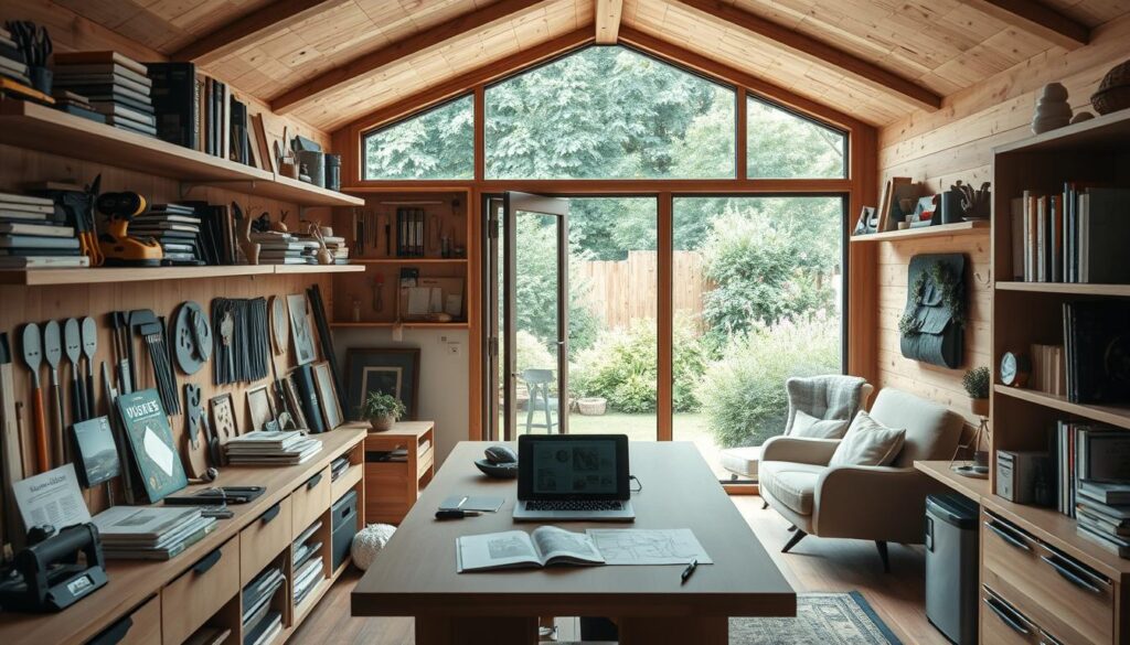 A modern, well-lit shop studio shed with a warm, inviting atmosphere. The shed features a large picture window overlooking a lush garden, allowing natural light to flood the interior. The foreground showcases an array of DIY tools, materials, and inspirational design books arranged on sleek wooden shelves. In the middle ground, a centrally placed workbench with a laptop and sketches suggests a creative workspace. The background depicts a cozy lounge area with a comfortable armchair, highlighting the shed's multifunctional nature. The overall aesthetic blends rustic and contemporary elements, creating a harmonious and motivating environment for the home office upgrade.