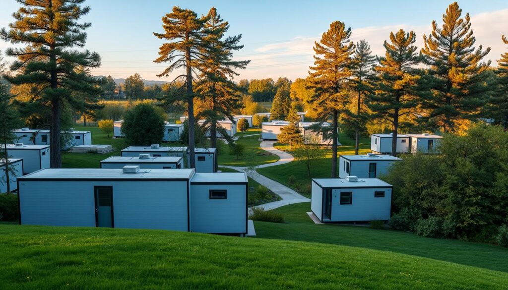 A modular housing community nestled in a lush, verdant landscape. In the foreground, sleek, customizable prefab modules sit atop a well-manicured lawn, their clean lines and modern aesthetic conveying a sense of efficiency and adaptability. In the middle ground, a network of pathways wind through the development, connecting the modular homes and common areas. Tall, swaying trees and a clear blue sky create a serene, natural backdrop, suggesting the integration of sustainable, eco-friendly living. Warm, diffused lighting casts a welcoming glow, highlighting the modular homes' flexible, tailored designs that cater to diverse lifestyles and needs in a tight housing market.