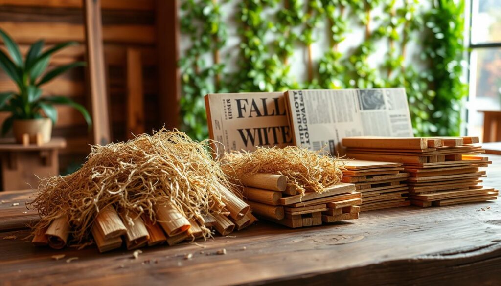 A neatly arranged collection of eco-friendly building materials on a rustic wooden table, bathed in warm, natural lighting. In the foreground, a pile of bamboo planks, jute fibers, and reclaimed timber. In the middle, sustainable insulation panels made from recycled newspaper and soy-based adhesives. In the background, a glimpse of a living green wall, showcasing the integration of nature into the design. The overall mood is one of simplicity, sustainability, and a harmonious blend of natural and innovative materials.