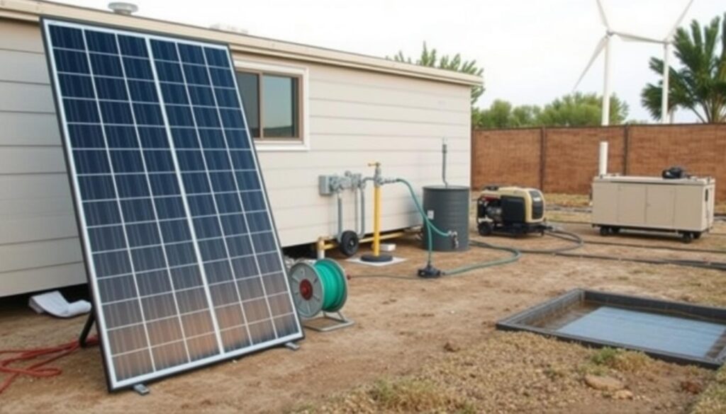 A neatly organized outdoor scene depicting various utility hookups and off-grid power options for a portable home. In the foreground, a solar panel array stands prominently, casting warm, directional lighting. In the middle ground, a water spigot and hose reel are connected to a water line, while a septic tank and drainage field are visible. In the background, a wind turbine and backup generator unit provide alternative power sources. The scene conveys a sense of functional self-sufficiency, with clean lines, muted earth tones, and carefully considered placement of each essential utility component.