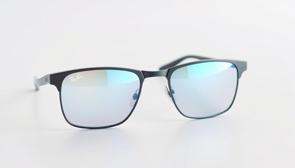 A pair of sleek, futuristic Meta Ray-Ban display glasses rests on a pristine white surface, their lenses reflecting the soft, diffused lighting from above. The frames feature a subtle, minimalist design in a metallic gunmetal hue, complemented by the smooth, curved temples. The lenses shimmer with a faint blue-green tint, hinting at the advanced display technology within. In the foreground, the glasses are presented in sharp focus, drawing the viewer's attention to their premium, high-tech aesthetic. The background is a clean, seamless expanse, allowing the product to take center stage and showcase its elegant, cutting-edge design.