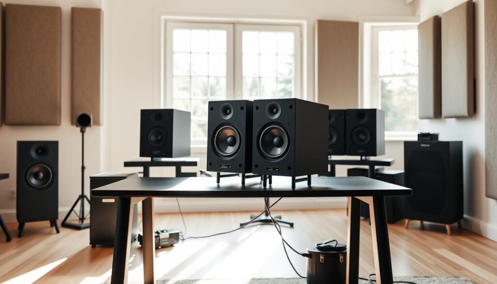 A pair of sleek, modern studio monitors sit prominently on a minimalist, matte black desk. The monitors are surrounded by a softly lit, professional home studio environment. The desk is situated in a spacious, airy room with large windows allowing natural light to filter in, creating a warm, inviting atmosphere. The monitors are angled slightly towards the viewer, showcasing their precise, high-fidelity drivers and clean, utilitarian design. The room's acoustics are optimized, with strategically placed sound-absorbing panels on the walls, ensuring an accurate, true-to-life audio experience. The overall scene conveys a sense of thoughtful, focused audio production, ideal for the "Studio monitors and headphones: translating your mix everywhere" section of the article.