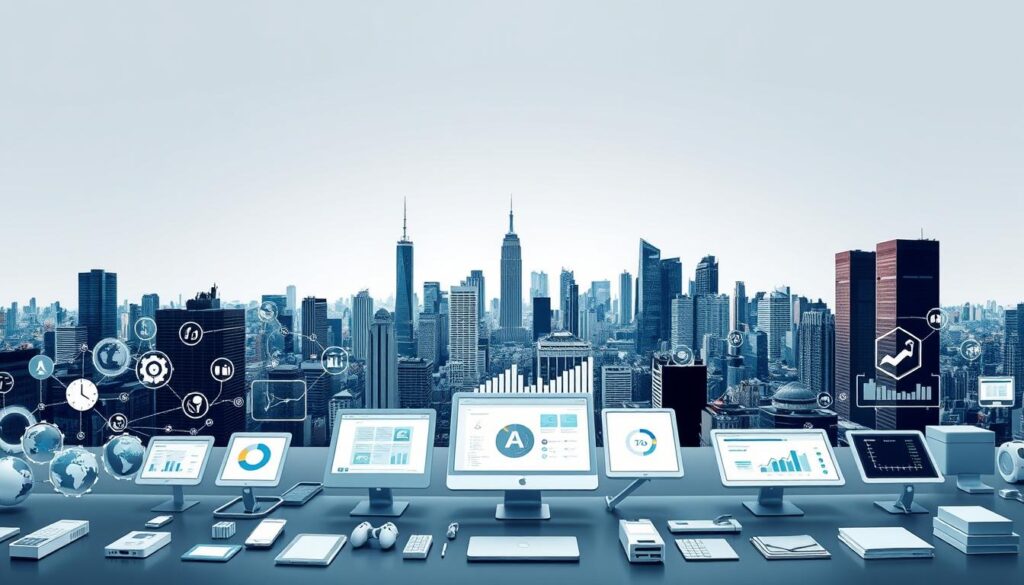A panoramic scene showcasing a diverse array of automation alternatives. In the foreground, various digital tools and platforms are displayed, their icons and interfaces rendered in a clean, minimalist style. In the middle ground, a cluster of data visualization charts, graphs, and dashboards illustrate the analytical capabilities of these automation solutions. The background features a cityscape, with skyscrapers and infrastructure symbolizing the enterprise-level applications of these technologies. The lighting is crisp and evenly distributed, highlighting the sleek, modern aesthetic. The overall composition conveys a sense of sophistication, efficiency, and the vast potential of automation alternatives to streamline workflows and optimize business operations.