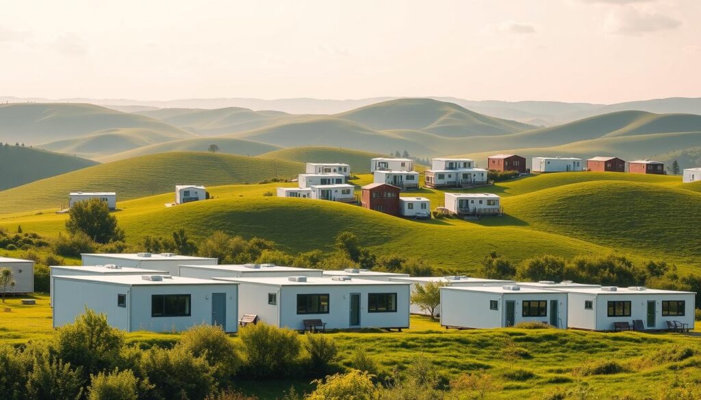 A picturesque scene of modular homes nestled amidst a serene, verdant landscape. The foreground features a cluster of sleek, minimalist modular units with clean lines and a warm, modern aesthetic. The midground showcases a diverse array of modular designs, each with its own unique architectural flourishes - some featuring expansive windows, others with stylish balconies. In the background, rolling hills and a bright, cloudless sky create a tranquil, almost utopian setting. The lighting is soft and diffused, casting a gentle glow over the entire scene. The overall composition conveys a sense of harmony, efficiency, and a forward-thinking vision for compact, sustainable living.