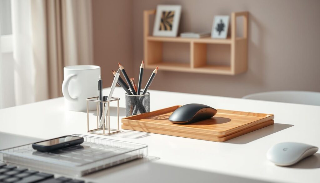 A pristine, minimalist desk featuring a selection of functional and aesthetically-pleasing organizers. In the foreground, a sleek, metal desk organizer with compartments for pens, pencils, and other small items. In the middle ground, a modern, wooden desk tray holding a minimalist computer mouse and wireless charger. The background showcases a minimalist, wall-mounted shelving unit displaying a few carefully curated items. The scene is bathed in warm, natural lighting, creating a serene and uncluttered atmosphere. The overall composition emphasizes simplicity, functionality, and a focus on the essential.
