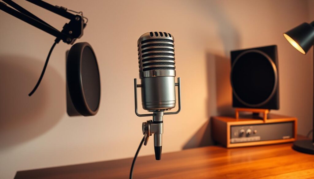 A professional-grade microphone in a well-lit home studio setting. A dynamic cardioid mic with a sleek metallic body and a sturdy metal mesh grille, positioned on a modern adjustable boom arm. The mic is situated on a polished wooden desk, surrounded by acoustic foam panels to provide sound isolation. Warm, directional lighting casts subtle shadows, highlighting the mic's contours and creating a sense of depth. The background is a clean, neutral-toned wall, allowing the microphone to be the focal point.