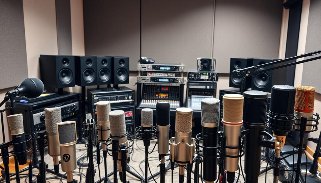 A professional home recording studio setup featuring a collection of high-quality microphones, audio interfaces, and signal processing gear. The foreground showcases a variety of large-diaphragm condenser mics, dynamic mics, and ribbon mics in an organized arrangement, with their distinctive shapes and finishes. The middle ground displays sleek and modern audio interfaces, mixers, and preamps, all meticulously connected with a web of cables. The background suggests a well-lit, acoustically treated recording space, with subtle reflections and shadows to create depth and atmosphere. The overall scene conveys a sense of precision, functionality, and the tools necessary to capture pristine audio for a professional-grade home studio.