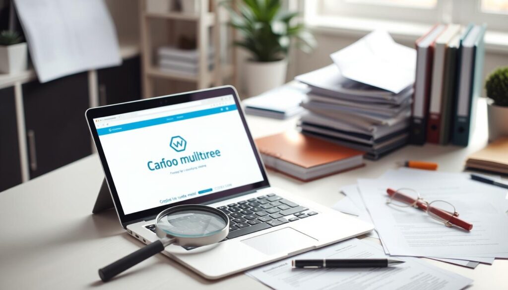 A professional office environment with a laptop computer, a magnifying glass, and various document files and office supplies on a clean, organized desk. The laptop screen displays a company's website, with the company's logo and name clearly visible. The lighting is soft and natural, creating a calm and focused atmosphere. The overall scene conveys a sense of careful investigation and verification of a potential employer's legitimacy.